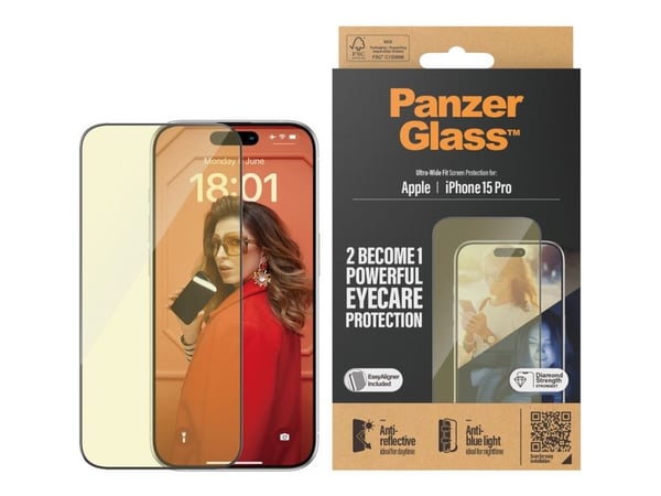 PanzerGlass™ | Ultra-Wide Fit - Skjermbeskyttelse for mobiltelefon - EyeCare Protection | Apple iPhone 15 Pro