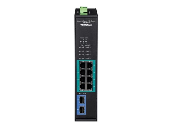 TRENDnet TI-PGM102 - Switch - industriell - 8 x 10/100/1000 (PoE+) + 2 x Gigabit SFP - DIN-skinnemonterbar, veggmonterbar - PoE+ (240 W) - TAA-samsvar