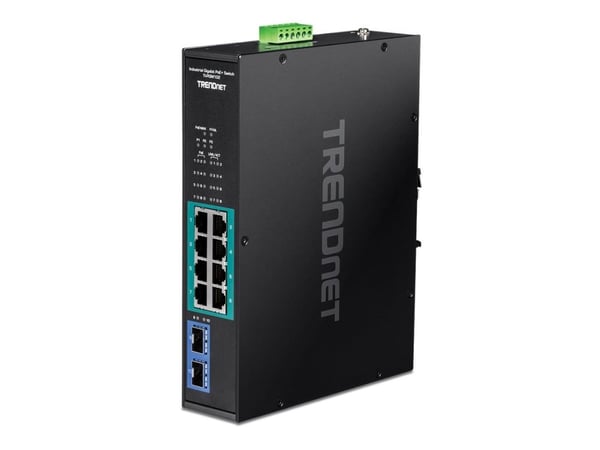 TRENDnet TI-PGM102 - Switch - industriell - 8 x 10/100/1000 (PoE+) + 2 x Gigabit SFP - DIN-skinnemonterbar, veggmonterbar - PoE+ (240 W) - TAA-samsvar