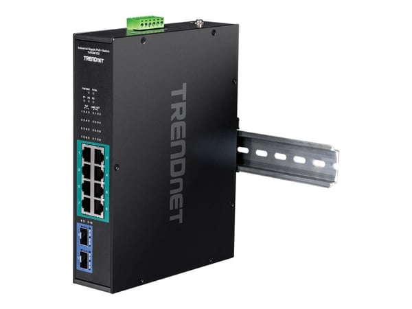 TRENDnet TI-PGM102 - Switch - industriell - 8 x 10/100/1000 (PoE+) + 2 x Gigabit SFP - DIN-skinnemonterbar, veggmonterbar - PoE+ (240 W) - TAA-samsvar