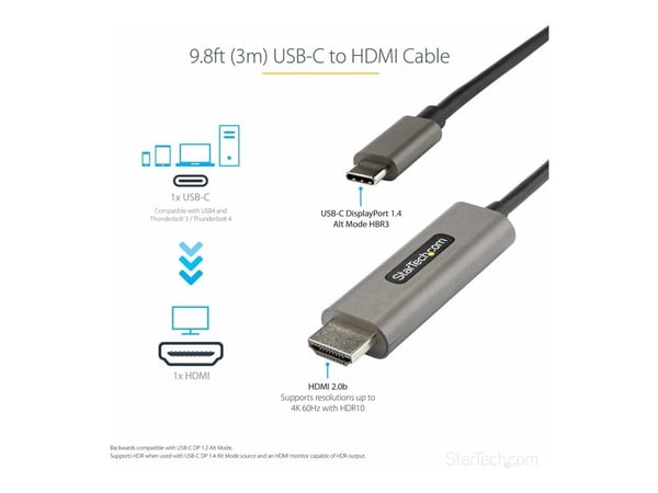 StarTech.com 9.8ft (3m) USB C HDMI-kaapeli 4K 60Hz HDR10, Ultra HD USB Type-C 4K HDMI 2.0b Video Adapteri kaapeli, USB-C HDMI HDR Monitor/Display C...