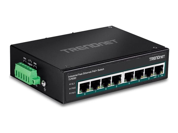 TRENDnet TI-PE80 - Industrial - switch - 8 x 10/100 (PoE+) - DIN-skinnemonterbar, veggmonterbar - PoE+ (200 W) - DC-strøm - TAA-samsvar