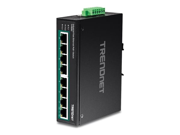 TRENDnet TI-PE80 - Industrial - switch - 8 x 10/100 (PoE+) - DIN-skinnemonterbar, veggmonterbar - PoE+ (200 W) - DC-strøm - TAA-samsvar