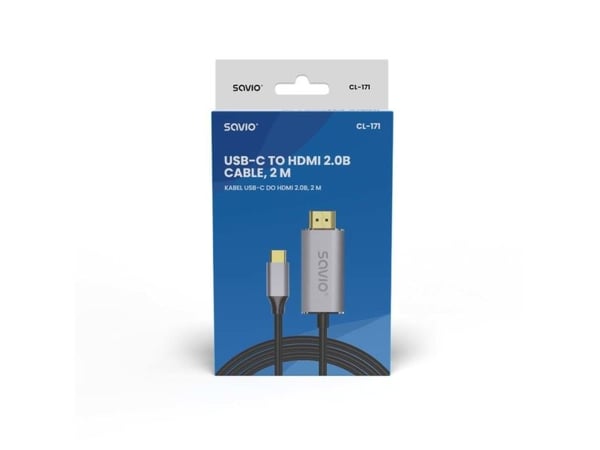 USB-C til HDMI 2.0B kaapeli, 2m, sølv/sort, guldspidser, SAVIO CL-171