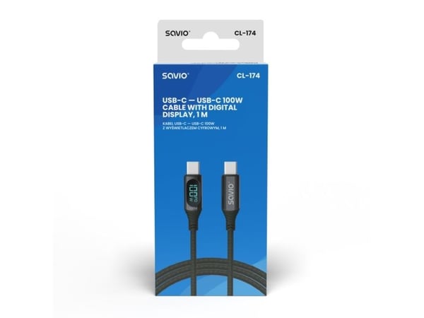 Savio USB-C - USB-C cable with display CL-174 1 m black, 1 m, USB C, USB C, USB 3.2 Gen 1 (3.1 Gen 1), Sort