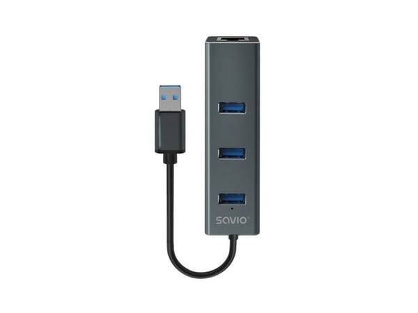 Savio AK-57 USB-A - 3 x USB-A HUB with RJ-45 Gigabit Ethernet adapter 5000 Mbit/s grey, USB 3.2 Gen 1 (3.1 Gen 1) Micro-B, Svart, RJ-45
