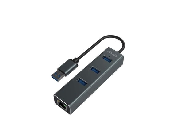 Savio AK-57 USB-A - 3 x USB-A HUB med RJ-45 Gigabit Ethernet-adapter, 5000 Mbit/s, grå