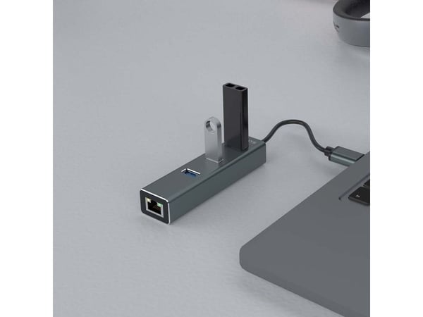 Savio AK-57 USB-A - 3 x USB-A HUB med RJ-45 Gigabit Ethernet-adapter, 5000 Mbit/s, grå