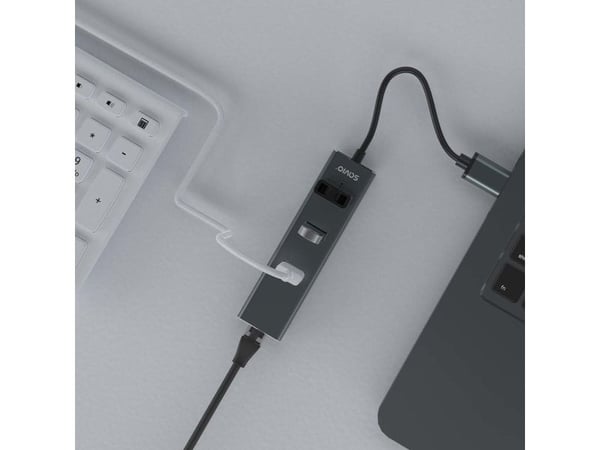 Savio AK-57 USB-A - 3 x USB-A HUB med RJ-45 Gigabit Ethernet-adapter, 5000 Mbit/s, grå