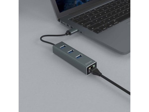 Savio AK-57 USB-A - 3 x USB-A HUB med RJ-45 Gigabit Ethernet-adapter, 5000 Mbit/s, grå