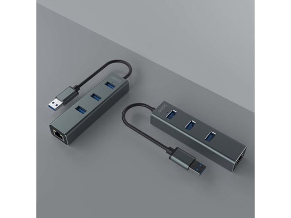 Savio AK-57 USB-A - 3 x USB-A HUB med RJ-45 Gigabit Ethernet-adapter, 5000 Mbit/s, grå