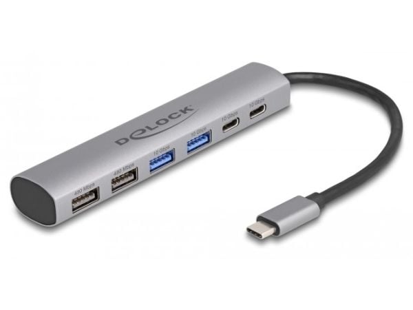 Delock 6 portin USB-keskitin, jossa on 4 x USB Type-A-liitäntä ja 2 x USB Type-C-liitäntä