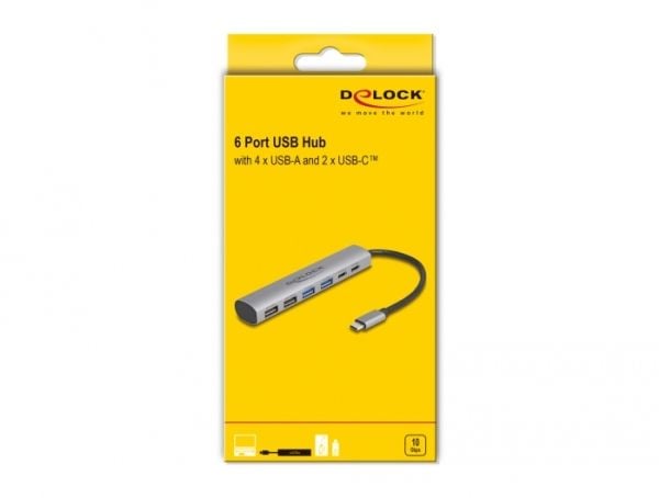Delock 6 portin USB-keskitin, jossa on 4 x USB Type-A-liitäntä ja 2 x USB Type-C-liitäntä