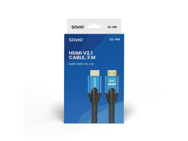 HDMI (M) v2.1 kaapeli, 3m, 8K, kupari, sininen/musta, kultaiset päätteet, ethernet/3D, CL-143