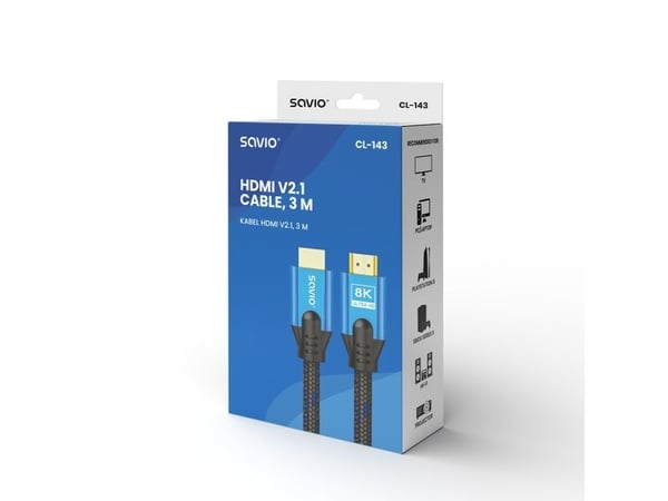 HDMI (M) v2.1 kaapeli, 3m, 8K, kupari, sininen/musta, kultaiset päätteet, ethernet/3D, CL-143