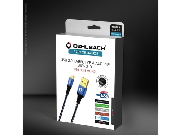 OEHLBACH USB Plus Micro, 0,5 m, USB A, Micro-USB B, USB 2.0, 0,48 Gbit/s, musta, sininen