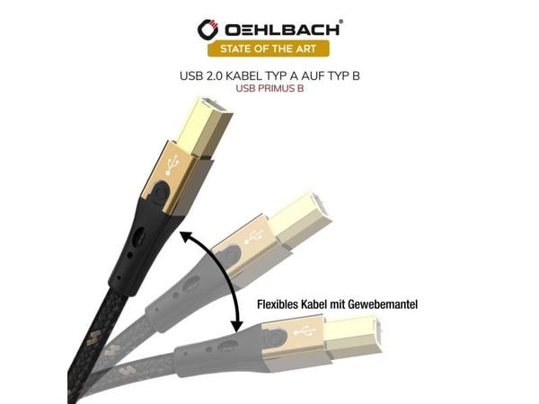 OEHLBACH USB Primus B, 5 m, USB A, USB B, USB 2.0, 0,48 Gbit/sek, svart, gull