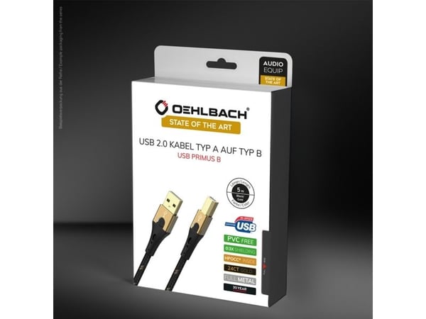OEHLBACH USB Primus B, 5 m, USB A, USB B, USB 2.0, 0,48 Gbit/sek, svart, gull