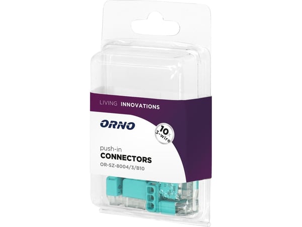 Orno 3-johtiminen push-in asennusliitin; johdolle 0,75-2,5mm?; IEC 300V/24A; 10 kpl:n läpipainopakkaus.