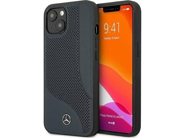 Mercedes lær perforert område-deksel til iPhone 13 mini - marineblå