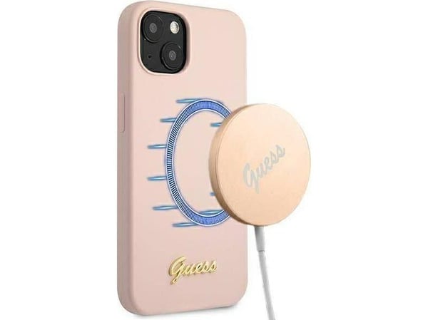 Apple iPhone 13 Guess silikondeksel Script Gold Logo Magsafe (GUHMP13MLSLMGLP) lys rosa