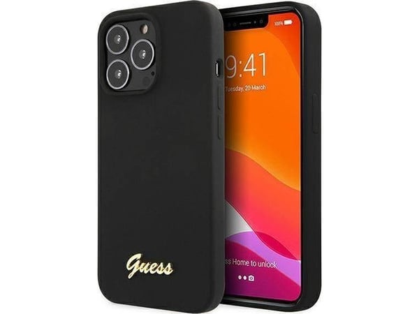 Guess GUHMP13XLSLMGBK — iPhone 13 Pro Max 6,7" hardt deksel i svart, Silicone Script Gold Logo MagSafe