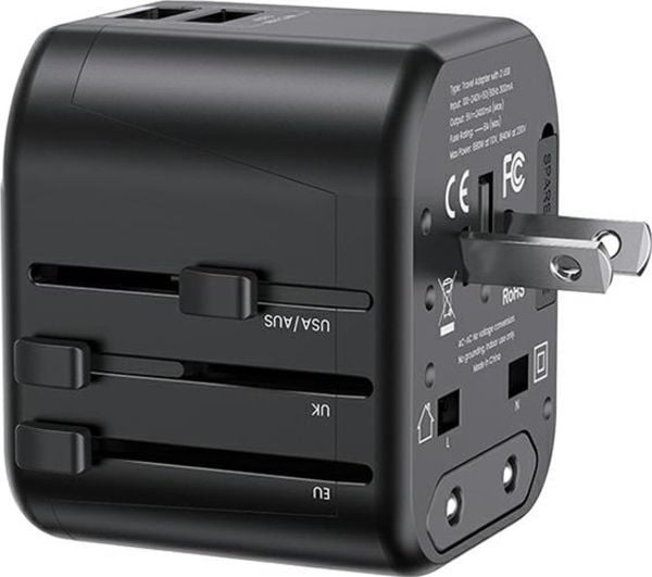 USAMS nettlader 2xUSB T55 12W universell 4-i-1 US/AU/EU/UK svart CC173TC01 (US-CC173)
