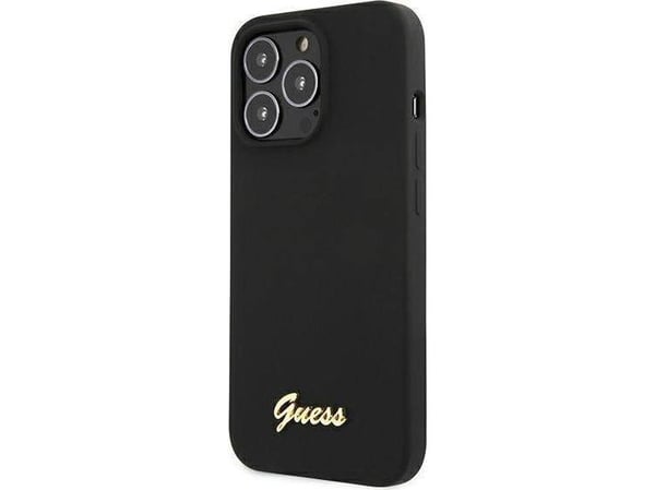 Guess GUHMP13LLSLMGBK iPhone 13 Pro / 13 6.1" Musta / musta kova kotelo silikoni Script Gold Logo MagSafe kultainen logo