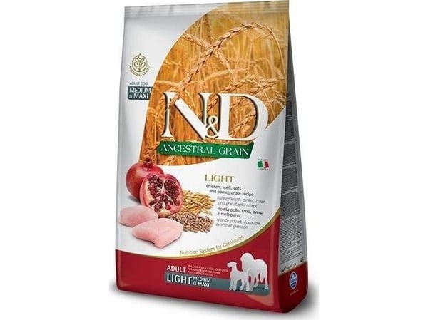 Farmina N&amp;D Ancestral Grain Light koiran kuivaruoka kanan kanssa 12kg