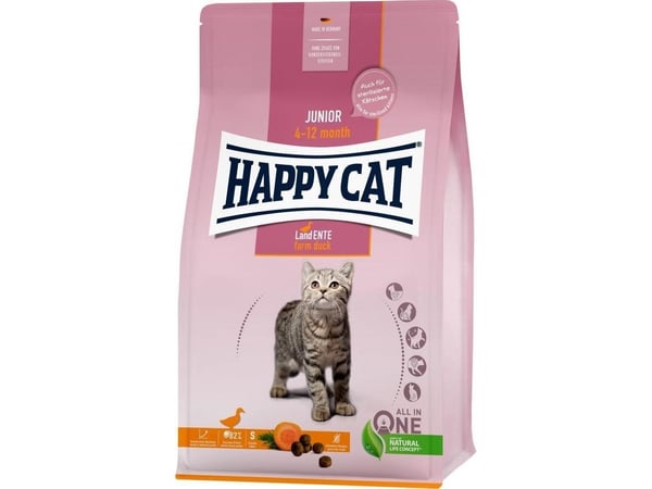 Happy Cat Junior Farm Duck tørrfôr til kattunger 4–12 mnd, 1,3 kg sekk