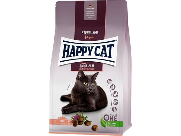 Sterilisert atlantisk laks, tørrfôr, for steriliserte katter, atlantisk laks, 1,3 kg, pose
