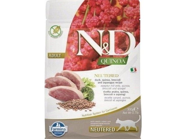 FARMINA N&D Quinoa Cat Duck, Broccoli, Asparagus Neutered Adult - tørfoder til kattekillinger - 300 g