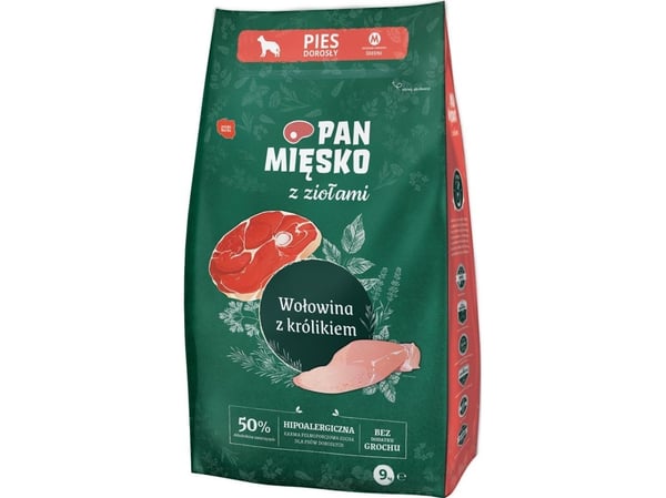 Pan Miesko Karma tørrfôr til hund med urter, storfe og kanin (voksen) 9 kg
