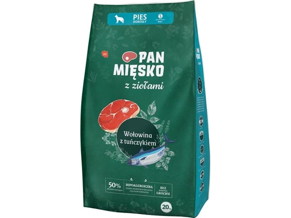 Pan Miesko tørrfôr for hund med urter, biff og tunfisk, voksne, 20 kg, S