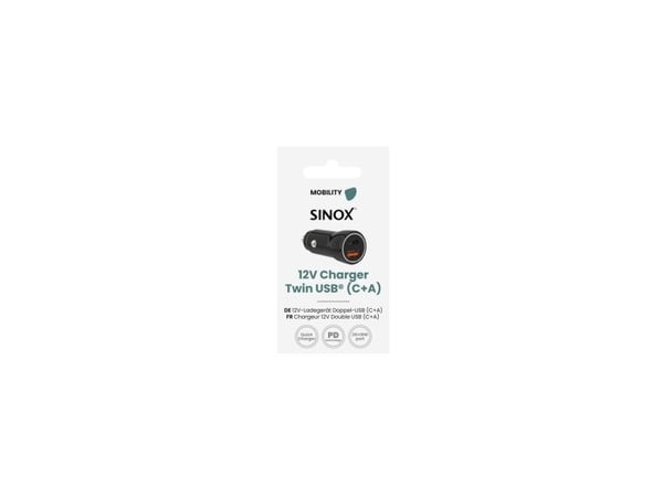 Sinox 12V dual USB autolaturi. 18W USB A + 20W USB C. Musta
