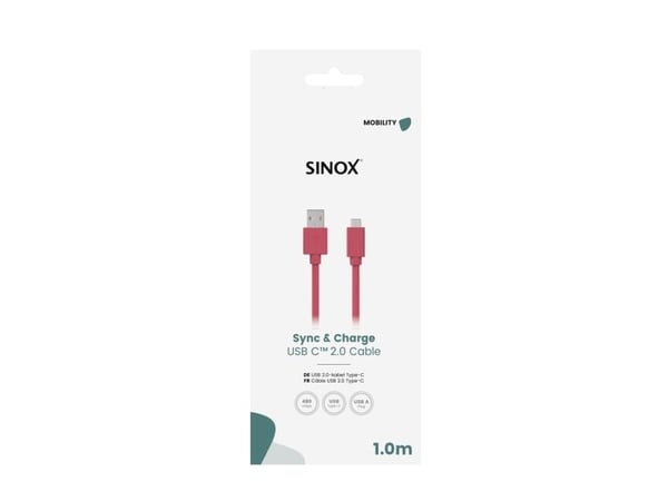 Sinox USB C til USB A-kabel. 1 m, Rosa, 1 m, USB C, USB A, USB 2.0, 0,48 Gbit/sek, Rosa