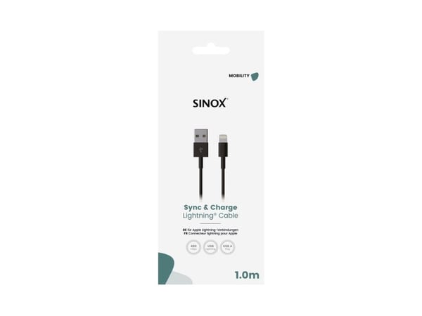 Sinox Lightning-kaapeli. 1m, Musta, 1m, Lightning, USB A, urosliitin, urosliitin, musta