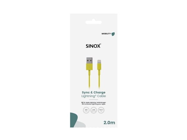 Sinox Lightning kabel. 2m. Gul