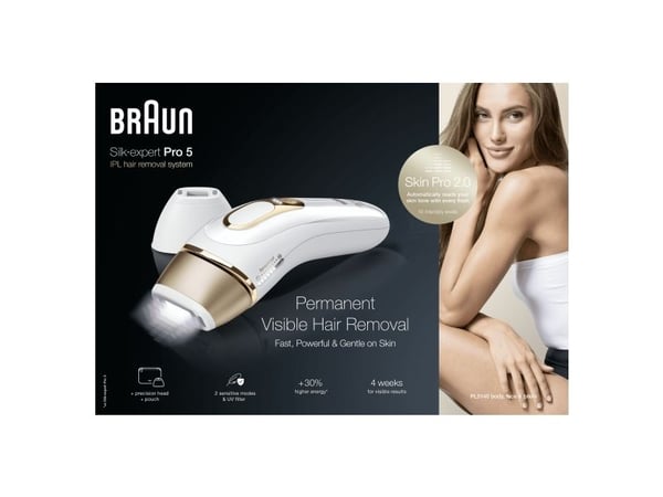 Braun Silk-expert Pro Silk·expert Pro 5 PL5140, kulta, valkoinen, voimakas pulssivalo (IPL), Iso-Britannia, NE PAS UTILISER sur :• le cuir chevelu,...