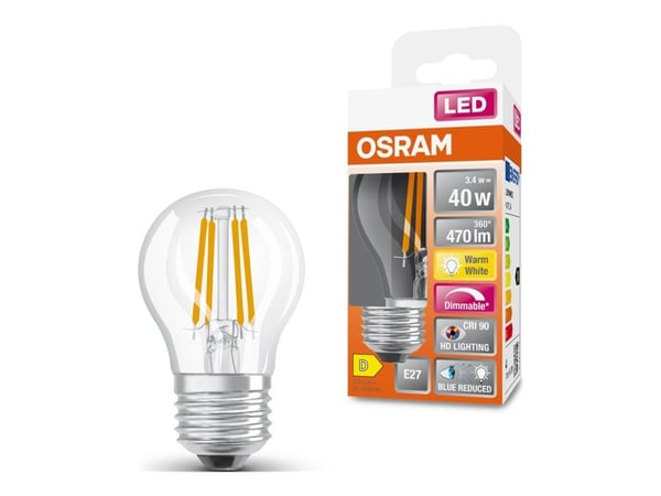 OSRAM LED SUPERSTAR + - LED-filamentlyspære - form: P40 - klar finish - E27 - 4.8 W (ekvivalent 40 W) - klasse D - varmt hvitt lys - 2700 K