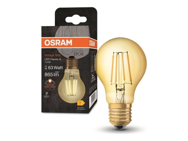 OSRAM Vintage 1906 - LED-filamentlyspære - form: A63 - klar finish - E27 - 7.5 W (ekvivalent 63 W) - klasse E - komfort varmt hvitt lys - 2400 K