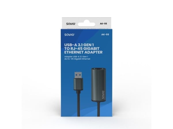 Savio AK-55 Adapter USB-A 3.1 GEN 1 do RJ-45 Gigabit Ethernet, USB 3.2 Gen 1 (3.1 Gen 1) Type-A, RJ-45, 1000 Mbit/s, Svart