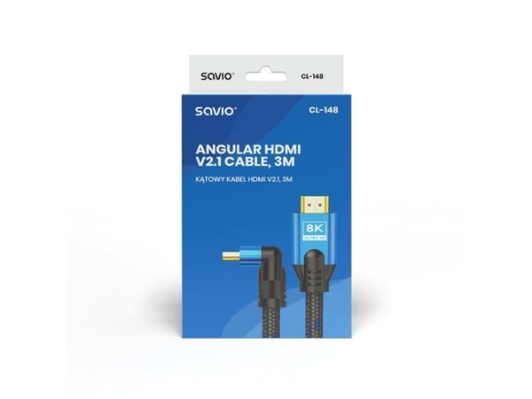 SAVIO CL-148 - High Speed - HDMI-kabel med Ethernet - HDMI hann til HDMI hann vinklet - 3 m - skjermet - svart, blå - 8 K 120 Hz (7680 x 4320) støtte