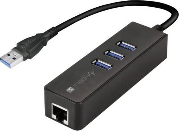 TECHly USB3.0 Gigabit Ethernet Adapter Converter with 3-Port Hub - Nätverksadapter - USB 3.0 - Gigabit Ethernet x 1 + USB 3.0 x 3 - svart