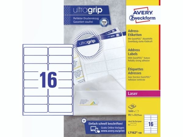 Adresseetiketter Avery Zweckform L7261-100 hvid 99,1x33,9 mm - (16 stk. x 100 ark)
