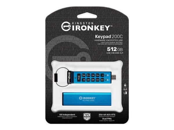 Kingston IronKey Keypad 200C - USB-flashstasjon - kryptert - FIPS 140-3 Level 3 - 512 GB - USB 3.2 Gen 1