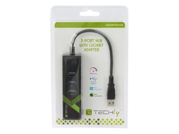 TECHly USB3.0 Gigabit Ethernet Adapter Converter with 3-Port Hub - Nätverksadapter - USB 3.0 - Gigabit Ethernet x 1 + USB 3.0 x 3 - svart