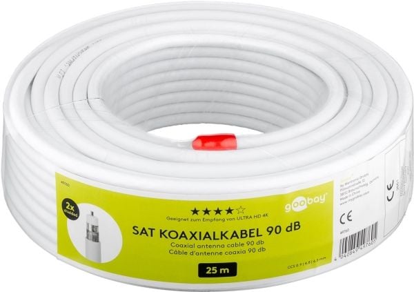 Goobay 90 dB SAT koaksialkabel, 2x skjermet, 25 m, hvit - for digitale SAT og BK kabelsystemer med stål/kobber indre leder (49760)