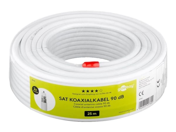 Goobay 90 dB SAT koaksialkabel, 2x skjermet, 25 m, hvit - for digitale SAT og BK kabelsystemer med stål/kobber indre leder (49760)