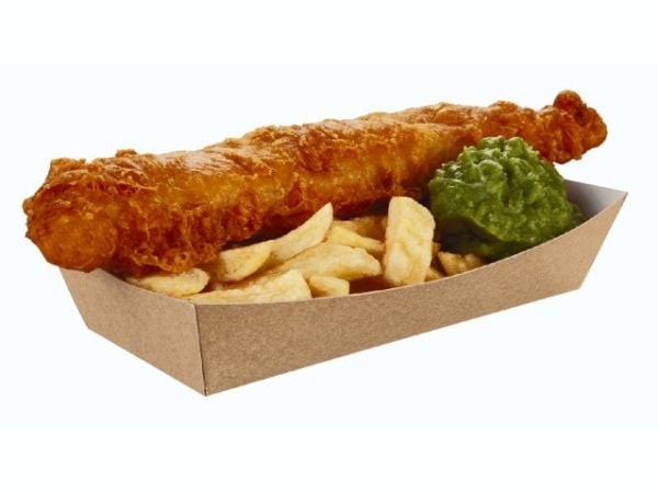 Pommes Frites Bakke XL L220/190xB115/85xH45mm Pap/Plast Brun/Hvid,250 stk/krt